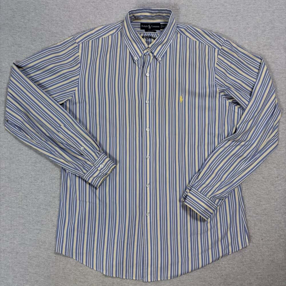 Ralph Lauren Custom Fit Blue & Yellow Stripe Long Sleeve Button Down Shirt  L